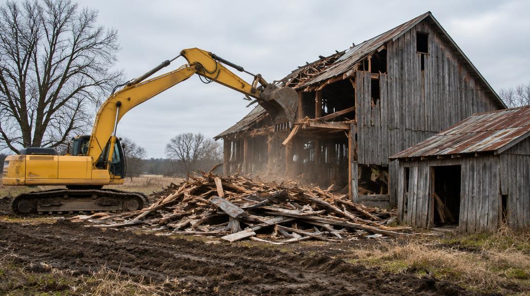 Excavator demolishing an old wooden barn