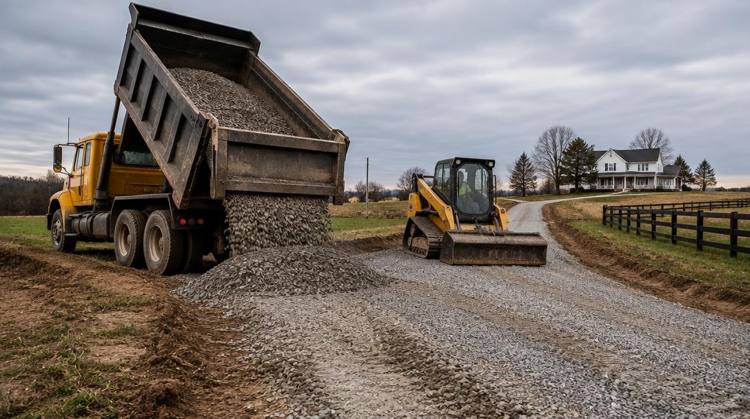 Dump truck and skid steer installing a gravel driveway