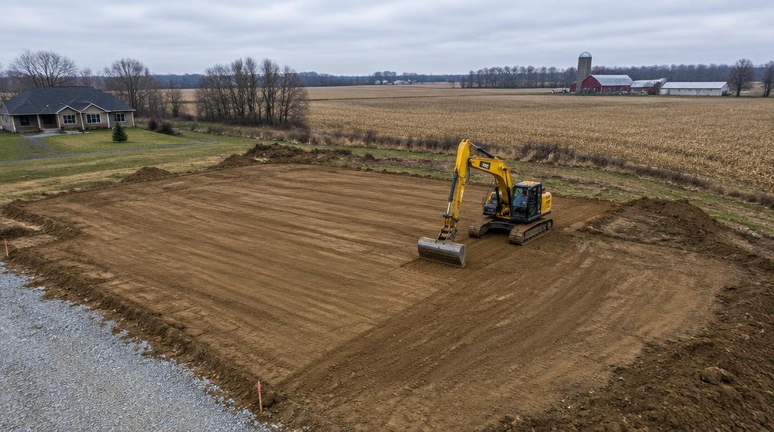 Excavator finish grading a residential building site