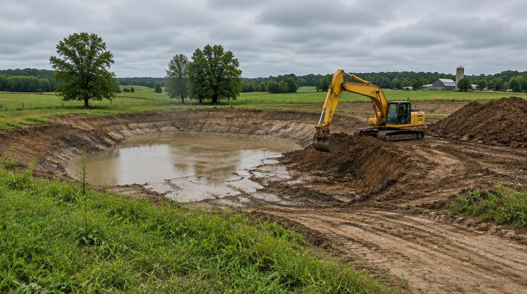 Excavator digging a new farm pond