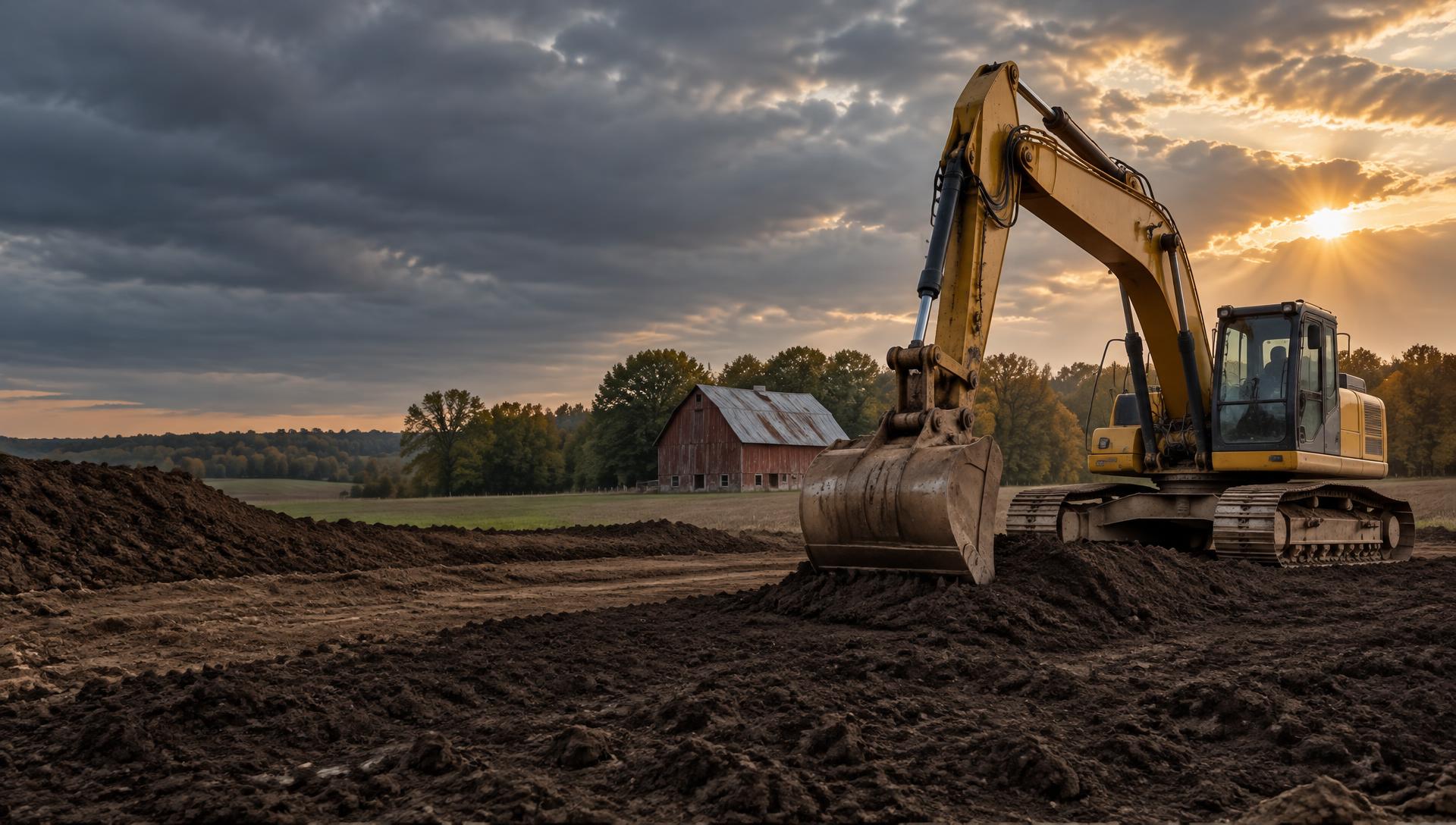 Excavator grading a rural property in Northeast Indiana