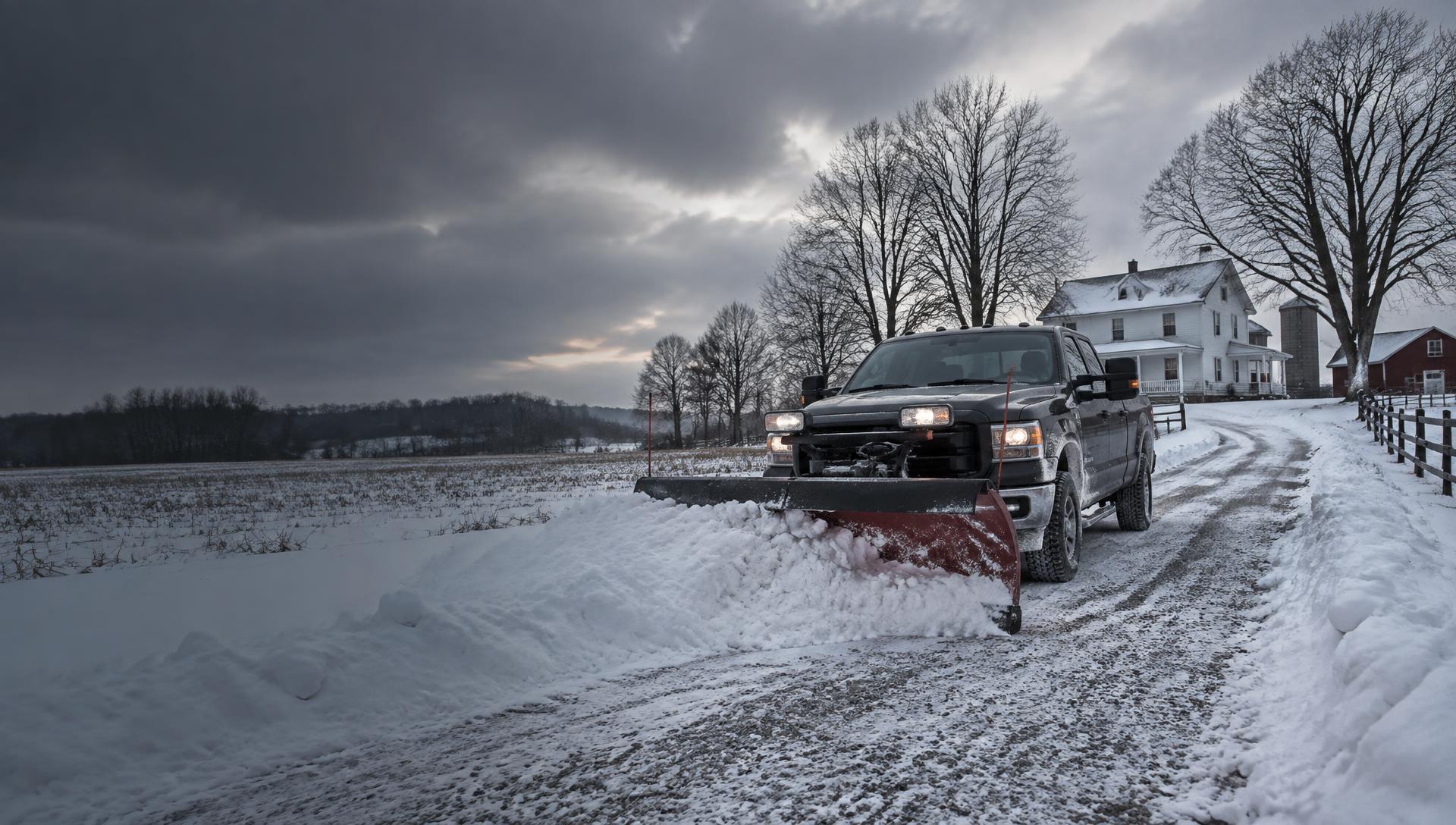 Snow plow truck clearing a rural driveway