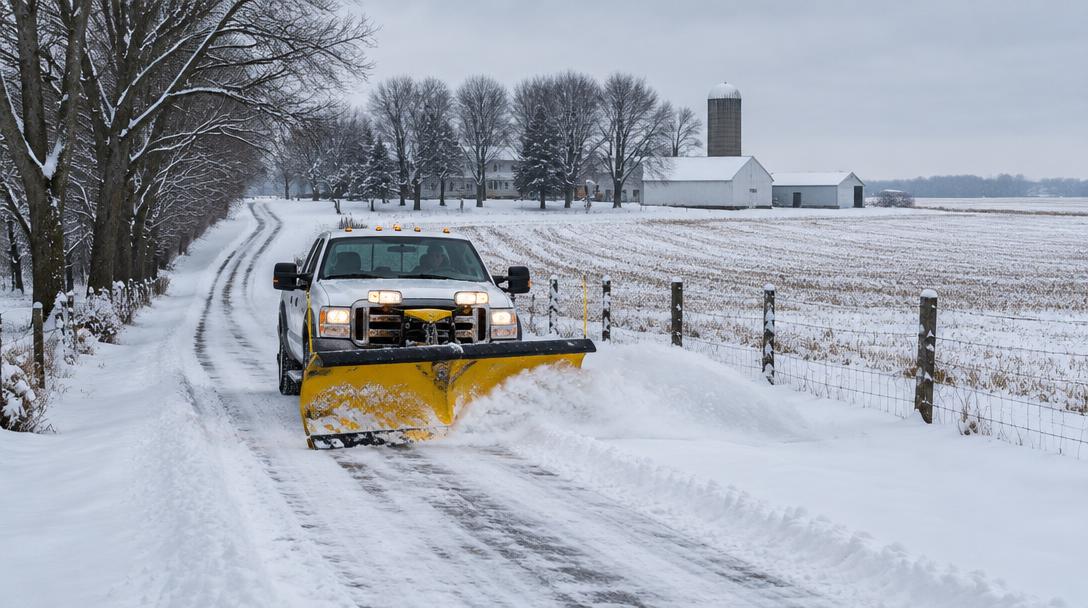Pickup truck plowing a rural Indiana driveway